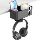 KDD 4 in 1 Desk Cup Holder - Clamp on Under Desk Headphone Hanger - Rotating Headphone Holder Detachable Pen Cup Holder Desktop Storage for Cup, Phone and Pen(Black)