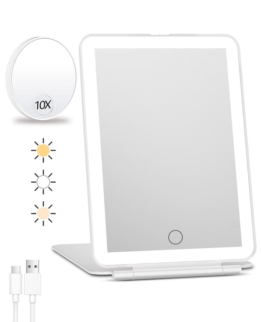 FUNTOUCH Rechargeable Travel Makeup Mirror with Lights and 10X Magnifying Mirrors, Portable Lighted Vanity Mirror with 80 Led,2000mAh Battery,3 Color Lighting,Touch Dimming,Tabletop Light up Mirror