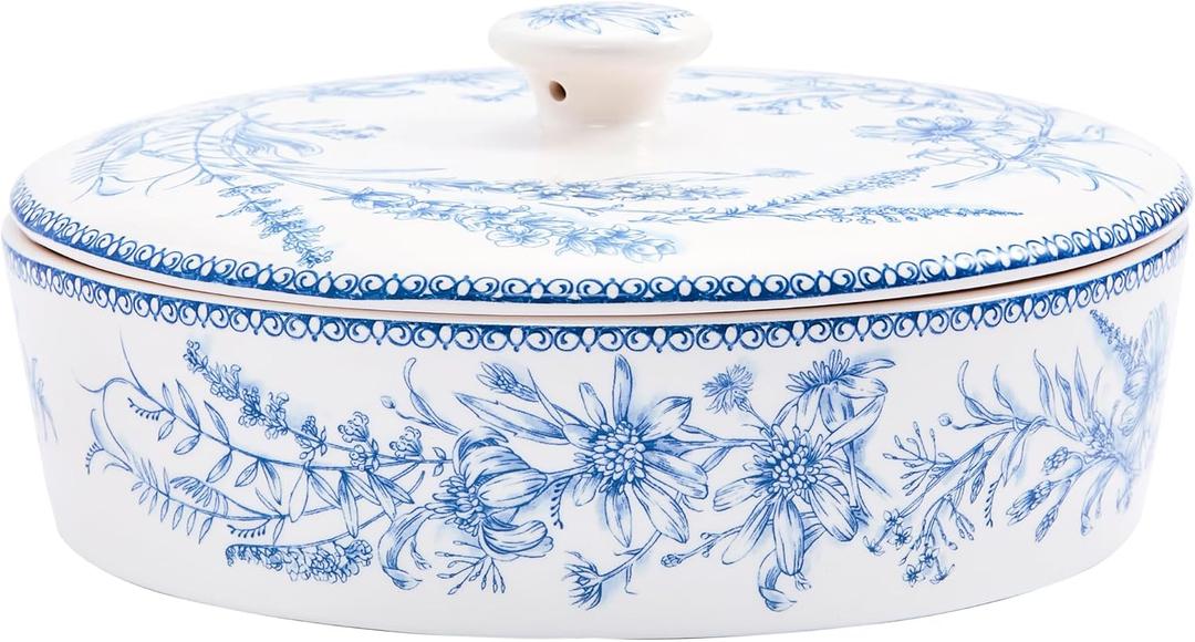 Bico Blue Garden Toile De Jouy Ceramic Tortilla Warmer, 8.9 Inch Tortilla Holder with Lid for Taco Bread Pancake for Mexican Night and Party, Microwave and Dishwasher Safe