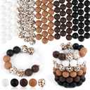ASTARON 100 Pcs 15mm Silicone Beads for Keychain Making, Cow Brown White Round Beads Bulk for Bracelets Crafts Beadable Pens Decorations Jewelry Making Supplies (black, dark brown, light brown, white,cow skin pattern)
