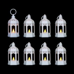 LLQ 8Pcs(5 Inch,White) Mini Moroccan Lantern Decor with LED Candle for Christmas Wedding Table Centerpiece, Small Vintage Hanging Ramadan Lanterns Lamp Ornaments for Eid Mubarak Decorations