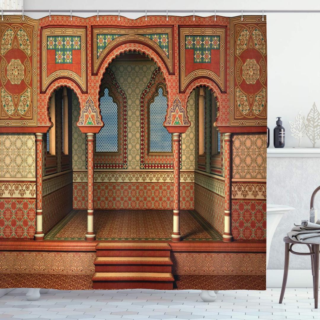 Ambesonne Orient Shower Curtain, Exotic Oriental Style Interior Palace Architecture Vintage Art Design Print, Cloth Fabric Bathroom Decor Set with Hooks, 69" W x 70" L, Multicolor