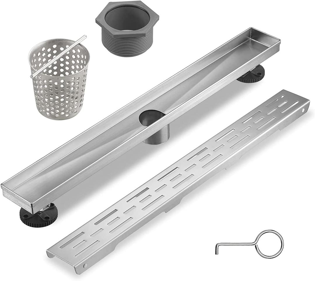 Sharp-tec Linear Shower Drain, 24 inch Shower Drain with Removable Pattern Cover, Brushed Nickel 304 Stainless Steel Rectangle Floor Drain, Adjustable Feet and Hair Strainer Included (Model 101)