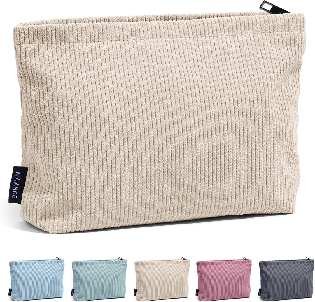 MAANGE Cosmetic Bags for Women Small Makeup Bag for Purse Corduroy Makeup Pouch Travel Makeup Bag with Metal Zipper Make Up Bag for Travelling Preppy Stuff (Beige-1)