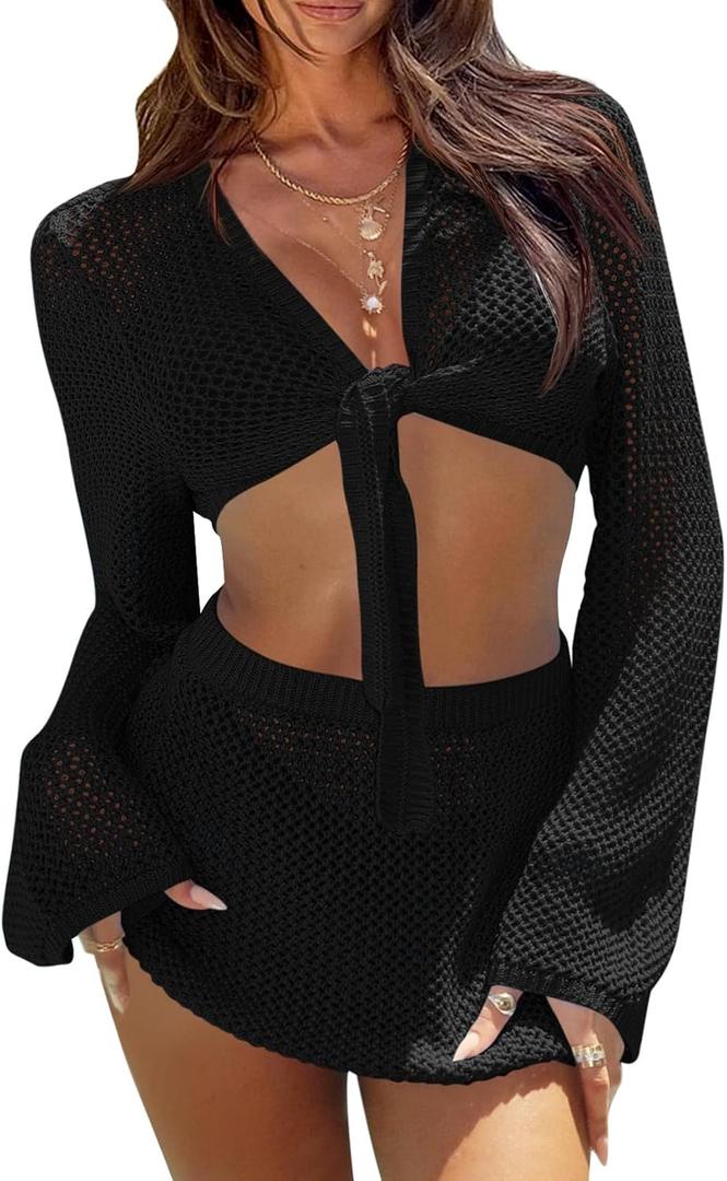 Fisoew Womens Crochet Swimsuit Coverups 2 Piece Bathing Suit Cover Up Long Sleeve Tie Front Crop Top Mini Skirt Sets Black Large
