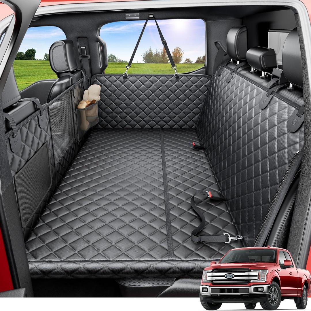 REEVAA Dog Truck Seat Cover for Back Seat, Hard Bottom Dog Hammock for Car, Pet Bed Extender for 2-4 Large Dogs, Waterproof Seat Protector, Universal XL Size Fits for Crew Cab Truck/ SUV, Black