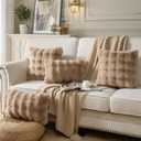 Pack of 2 Thick Plush Throw Pillow Covers Fluffy Wave Faux Fur Decorative Cushion Covers Soft Wool Pillowcase for Sofa Couch Livingroom 24x24 Inch Camel