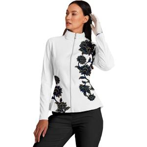 ACEGOLFS Women's Golf Jackets Lightweight Zip up Athletic Jacket Women Long Sleeve Floral Printed Pullover Ruffle Workout Top (Medium, White B-floral), Size Medium