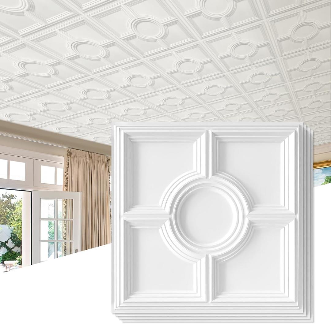 STICKGOO Drop Ceiling Tiles 24 x 24in, Waterproof, Premium PVC Ceiling Panels to Prevent Breakage, Pack of 12 Tiles Cover 48 Sq. Ft, White (24"x24", White)