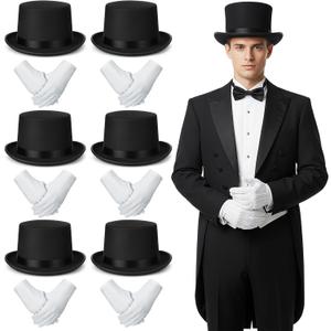 6 Sets Black Top Hat & White Formal Gloves Set for Christmas Snowman Costume Victorian Steampunk Costume Accessory for Jazz Dance Wedding 1920s Masquerade Parade Honor Guard Cosplay Party