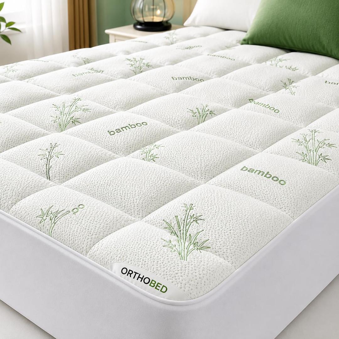 HOME & GARDEN TRENDS OrthoBed Queen Mattress Topper, Cooling Pillow Top Mattress Pad with Bamboo Viscose Blend Surface, Extra Thick Deep Pocket Mattress Topper