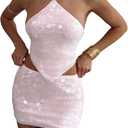 MakeMeChic Women's 2 Piece Christmas Outfits Sparkly Glitter Sequin Halter Crop Top and Bodycon Mini Skirt Sets Pink Medium
