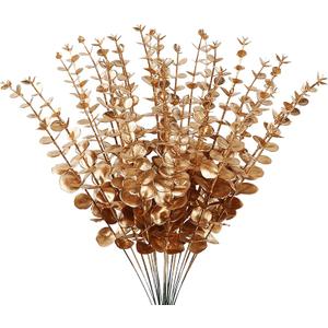 ABAJI Plastic Eucalyptus Golden Stems 12 Fake Faux Decorations Artificial Leaves Greenery Plant Leaf Home Office House Table Desk Decor Wedding Party Vase Forever Live