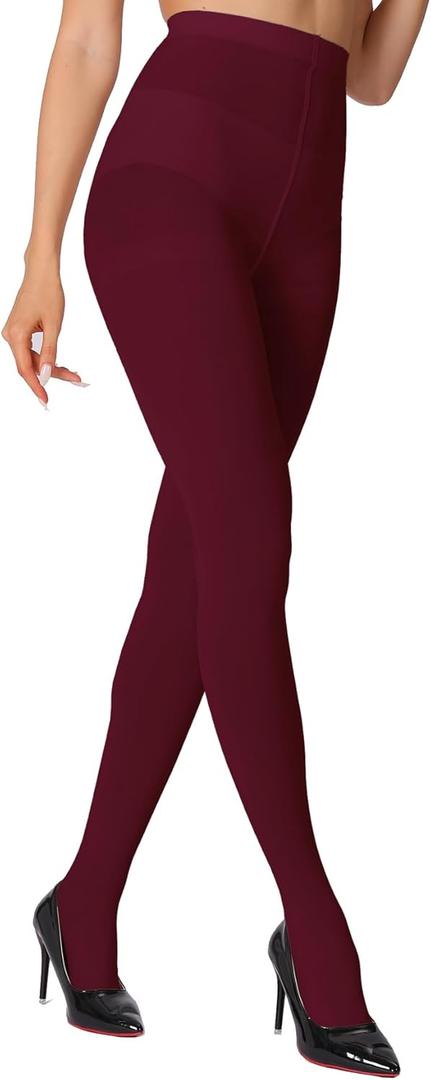 MERYLURE 240D Tights for Women, Opaque Soft High Waist Control Top Pantyhose Solid Color Footed Stockings Colorful Nylon (Medium, Wine Red)