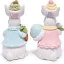 Hodao Easter Bunny Figurines Set of 2 Decor, Spring Decorative Rabbit Couple with Colorful Cake, and Easter Eggs Tabletop Home Decoration for Living Room, Entryway (Blue-pink)