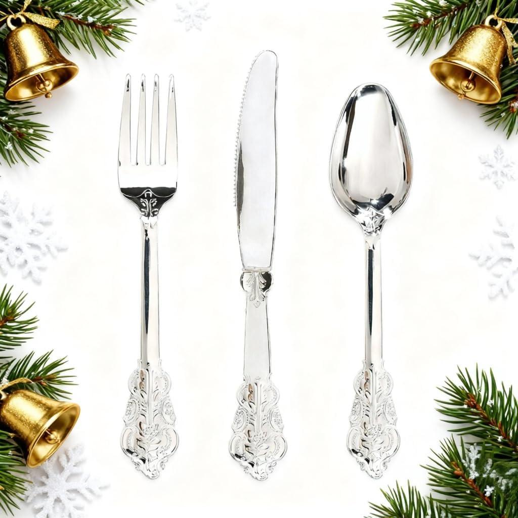 WDF 360 Pieces Silver Plastic Silverware- Disposable Flatware - Heavyweight Plastic Cutlery- Includes 120 Forks, 120 Spoons, 120 Knives for Christmas