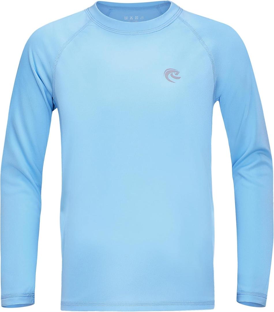 Boys UPF 50+ Swim Shirt Long Sleeve, 1 or 2 Pack UV Sun Protection Rash Guard, Youth Kids SPF Water Shirts for Beach Surf (XX-Large, Crew Neck-Light Blue)