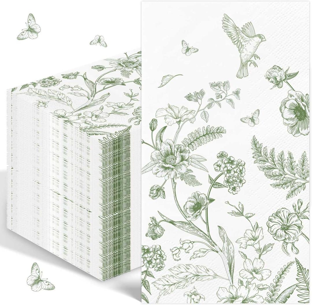 100PCS Green Floral Napkins Disposable Hand Towels for Bathroom 3 Ply Greenery Paper Napkins Vintage Bird Flower Guest Napkins Chinoiserie Napkins for Wedding Bridal Shower Cocktail Party