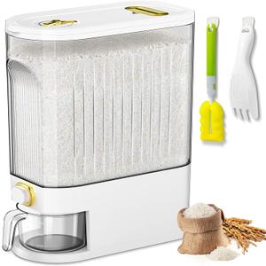 Lenwi 22 Lbs Rice Dispenser, Large Dry Food Storage Container with Measuring Cup & Time Scale, Food Dispenser Kitchen Organization and Pantry Store for Cereal Dry Food (White)