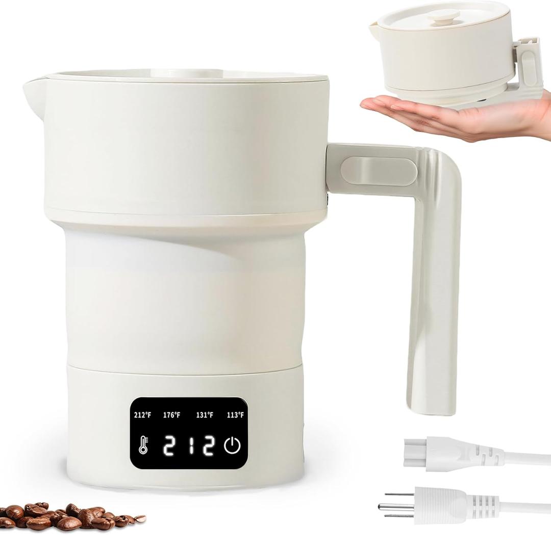 Portable Electric Kettle-Foldable Travel Water Boiler, 20oz Collapsible Small Electric Kettle with 4-Temp Presets for Hotel, Office, Camping