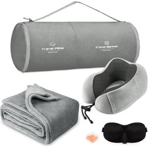 Travel Pillow and Blanket Set Neck Pillows Travel Essentials with Sleep Mask for Airplane Car Memory Foam Grey