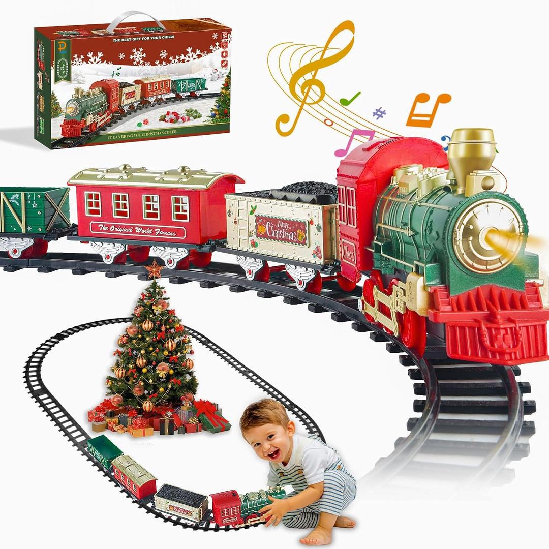 Christmas Kids Train Set - Train Toys w/Sounds (Turn ON/Off), Lights, Electric Toddlers Classical Train for Christmas Village Tree, Train Set for Kids Ages 3-8, Christmas Toys Gifts