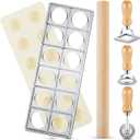 Geetery 5 Pcs Ravioli Mold Set 2 Inch Squares Ravioli Maker Cutter Include 1 Raviolis Maker Press 3 Pasta Cutter Stamp Makers 1 Wood Rolling Pin Pasta Making Tool for Home Kitchen Supplies (12 Holes)