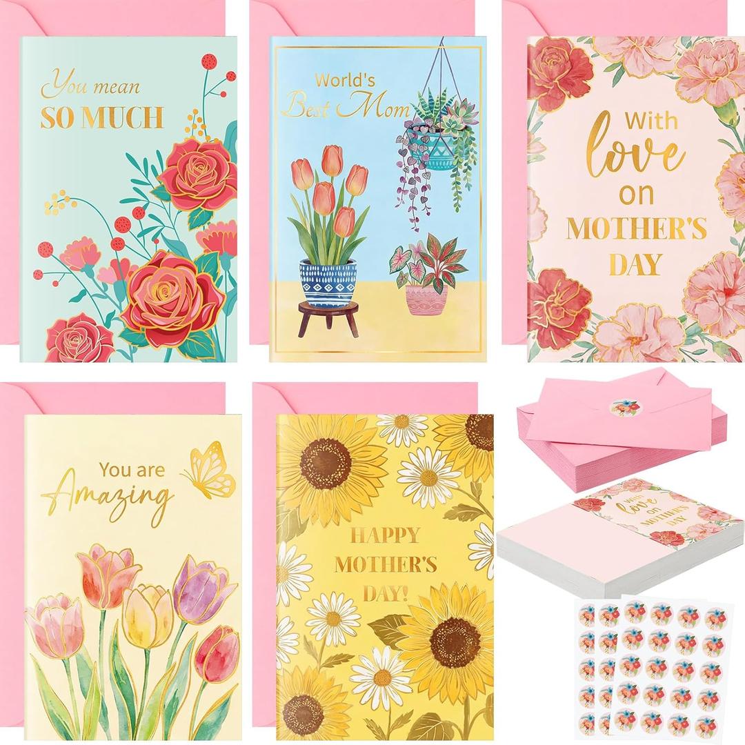 Eaasty 50 Pcs Happy Mothers Day Cards Bulk Gold Foil Floral Mothers Day Wishes Greeting Cards Blank Notecard with Envelope and Sticker for Mom Grandmother Daughter Women