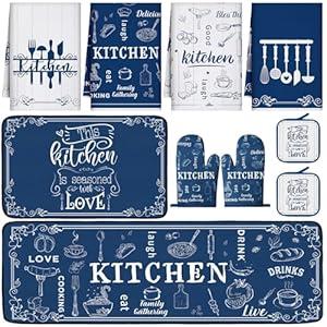 10 Pcs Farmhouse Kitchen Decor Set 4 Navy Blue Kitchen Dish Towels 2 Blue and White Pot Holders 2 Oven Mitts 2 Rustic Rugs Mats for Floor for Home Decorations Cooking Baking Mom Gifts Accessories