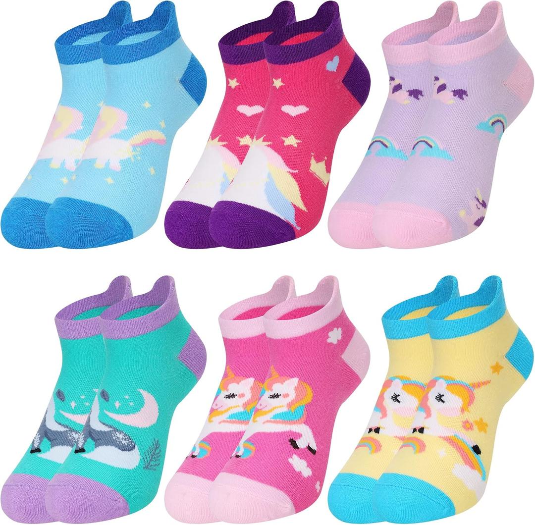 WEVIAS Kids Girls Socks Unicorn Ankle Funny Cartoon Low Cut Cotton Cute Novelty Fashion Toddler No Show Silly Socks 6 Pairs