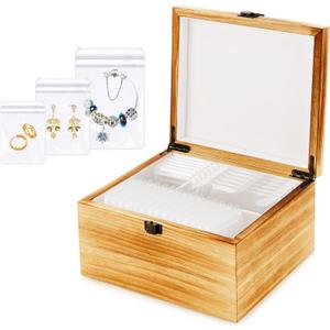 Jewelry Box Organizer, Wooden Jewelry Boxes for Women with 55 Portable Jewelry Bags for Traveling, Travel Jewelry Case Storage for Earrings Rings Necklaces Brackets, Gifts for Women Girls (Carbonized Brown)