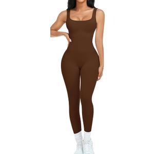 OLCHEE Womens Workout Rompers Jumpsuits Seamless Ribbed Yoga Gym One Piece Sleeveless Square Neck Tank Top Leggings Unitard (Medium, Brown)