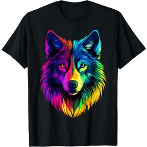 Colorful Wolf Face Wild Animal Lover Men Women Black T-Shirt (Small)
