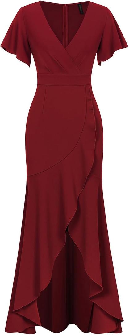 Women's Black Formal Fishtail Dresses Cocktail Wedding Guest Dress Short Sleeve Elegant V Neck Party Gowns (Red)