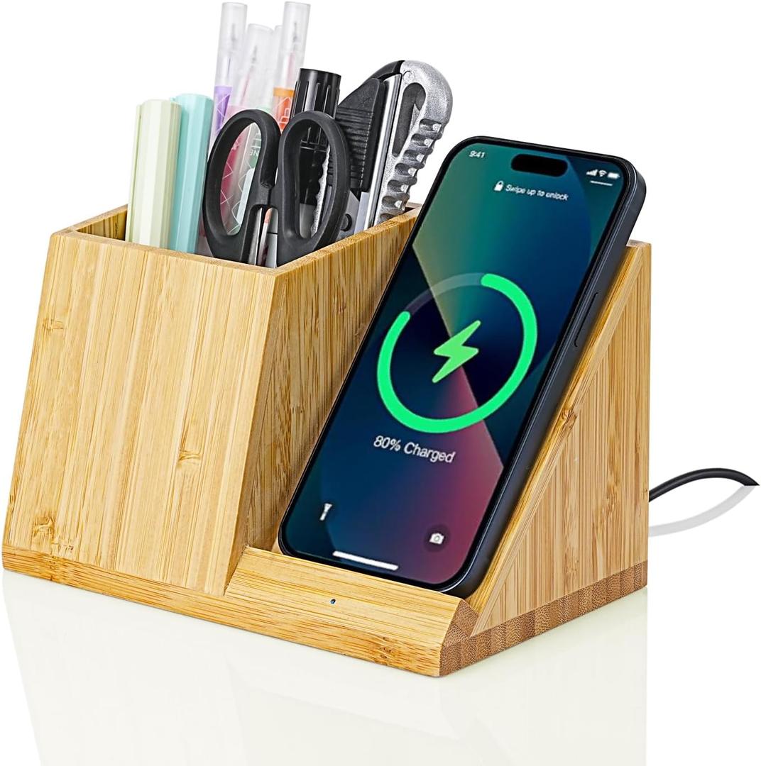 OhM-ega Bamboo Desk Organizer with Wireless Charing, Home Office Organizers for Desk, Wireless Charging Station with Pen Holder, 10W Fast Wireless Charging, Compatible with iPhone and Pixel