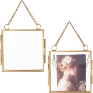 OLYCRAFT 2Pcs Wall Hanging Mini Photo Frames 2.9x2.9 Inch Double Glass Picture Frame with Chain Alloy Square Folding Frame DIY Vintage Artwork Display Frames for Pressed Flowers Pictures Home Wall Decor