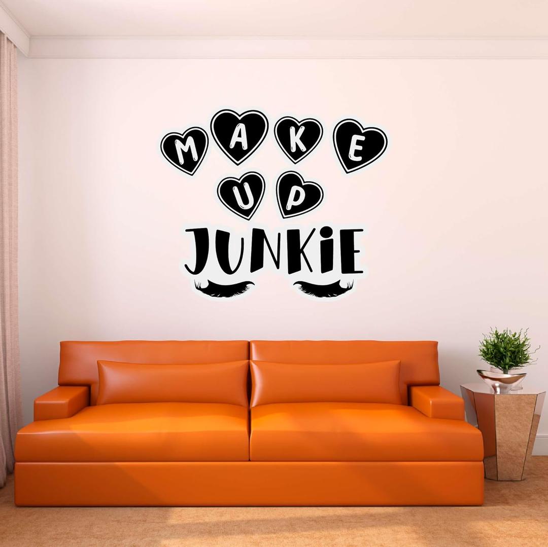 Wall Decal Makeup Junkie Cute Girly Wall Sticker Makeup Artist Lettering with Cute Lashes Art Removable - Size: 30 in(W) x 24 in(H) (Black)