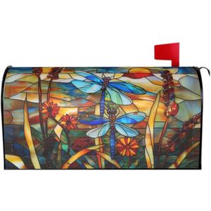 Stained Glass Dragonfly Mailbox Covers Magnetic Fall Mail Box Post Wrap Standard Size 18 X 21 Floral Spring Summer Mailing Boxes Seasonal Decorations for Autumn Thanksgiving Decor