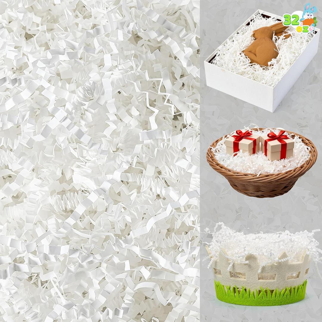 JOYIN 2 LB Easter Gift Wrap Crinkle Filler Paper, White Paper Grass, 32oz Shred Raffia Crinkle Cut for Wedding Basket Stuffer Filler, Anniversaries Birthday Party Bag Decor Favors