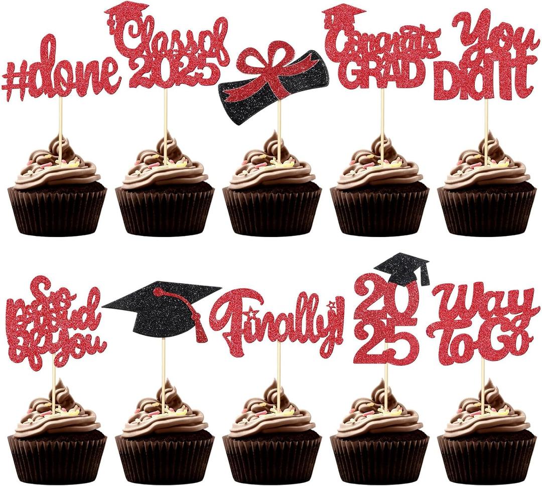 100 Pcs Graduation Cupcake Toppers Congrats Grad Class of 2025 Graduation Cupcake Picks Toppers Diploma Supplies for Party Decorations(Black, Red)