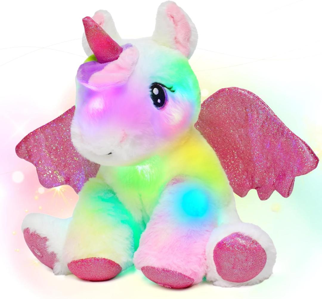 Hopearl Adorable LED Plush Unicorn Lighting Up Cute Stuffed Animal Floppy Night Lights Glow in The Dark Birthday Festival for Kids Toddler Girls, White, 11''