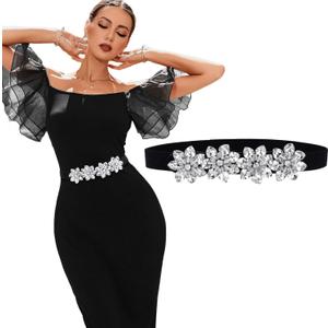 Black Stretch Belt Rhinestone Skinny Belts Crystal Waist Belt Cinch Belt for Women and Girls (X-Large)