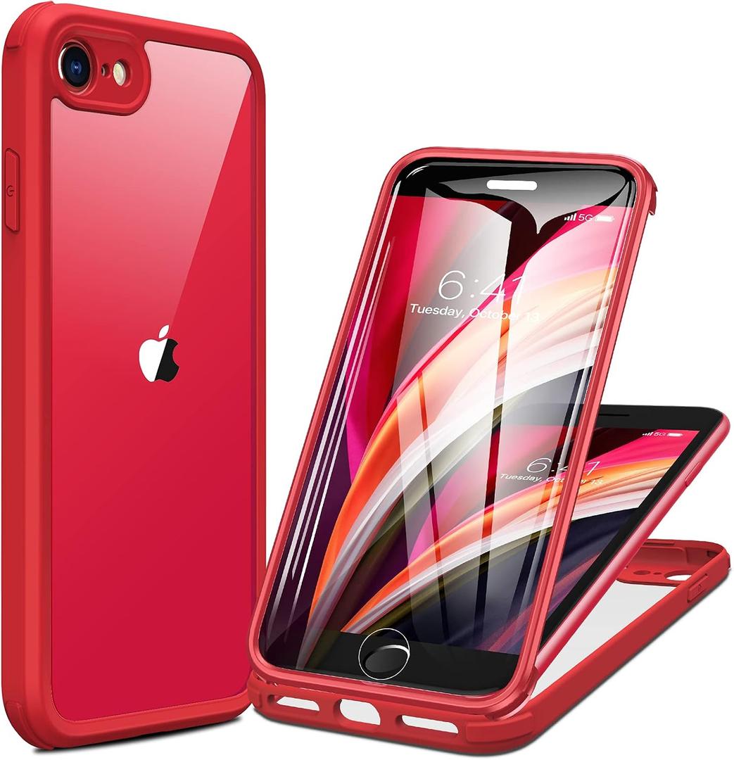 Miracase for iPhone SE Phone Case 3rd/2nd Generation 2022 2020 Full-Body with Built-in Glass Screen Protector, Heavy Duty 360 Protective Shockproof Bumper Cover for iPhone 8/SE 4.7 Inch, Red