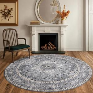 PURRUGS Vintage Farmhouse Boho Area Rug 6x6 ft, Non-Slip Machine Washable Round Rug, Accent Oriental Rug for Dining Room, Living Room, Bedroom, Entryway and Kitchen, Periwinkle Gray/Soft Ivory (6ft Round)