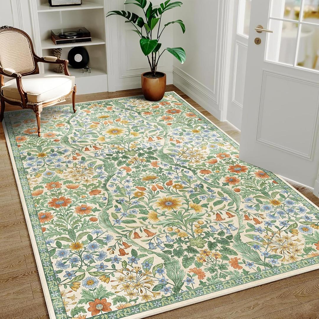 4x6 Grass Green Floral Boho Area Rug,Low-Pile Stain Resistant Non-Slip Machine Washable Carpet for Living Room,Bedroom, Kitchen,Entryway,Dining Room, Nursery