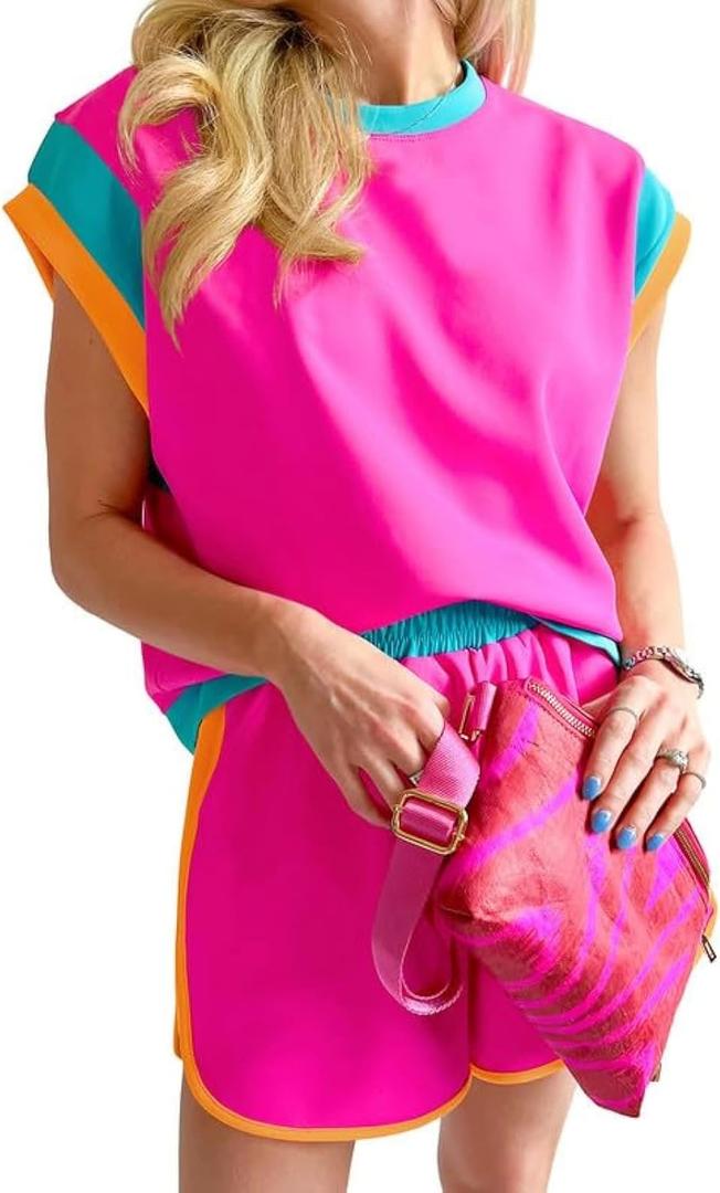SHEWIN Women 2026 Color Block 2 Piece Short Sets Workout Tracksuit with Pockets Trendy, XL