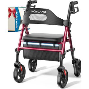 HOMLAND Foldable Rollator Walkers for Seniors with Seat, 16" Enlarged Seat | 350 lb Sturdy Frame, 16"×12" Seat 1.9" Thick, 8" Big Wheels, Adjustable Height, Tool-Free Assembly, All Terrain Mobility Aid