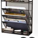 5 Tier Mesh Wall File Organizer,3 Pockets vertical Mount Hanging Organizer with Top/Bottom Tray | 2 Hooks | Wall Mount & Door Hanging for Office Home