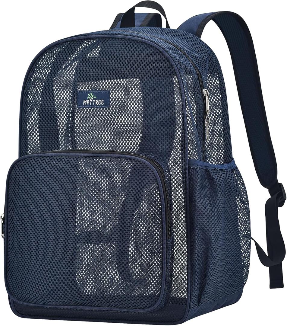 MAY TREE Mesh Backpack for School Beach Swimming Outdoor Fitness, Heavy Duty Mesh Bookbag with Sturdy Mesh Material (Blue)