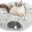 AUOON Cat Tunnel Bed for Indoor Cats - Large Cat Donut Tunnel with Hanging Ball Toy, Collapsible 2-in-1 Multifunctional Interactive Cat Toy for Kitten, Puppy, Rabbit, Ferret (Khaki)